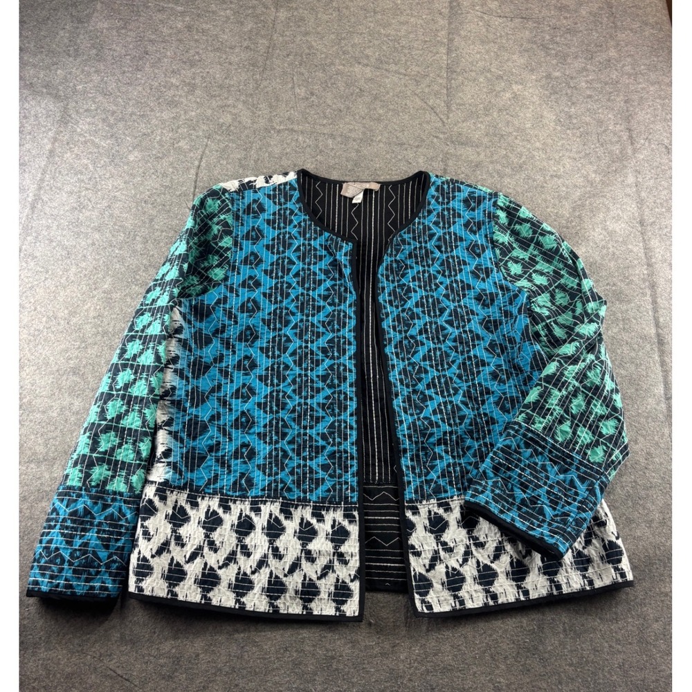 Chicos Patchwork Ikat Quilted Jacket Teal Kantha Stitch Open Front Womens 3 XL